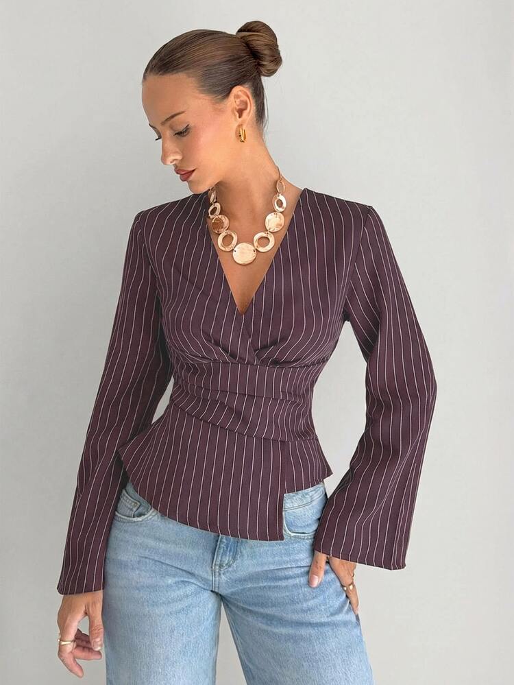 Siren Gaze Women's Striped Print V-Neck Asymmetric Hem Long Sleeve Blouse Elegant - Red Violet - View 1
