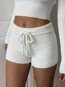 CovetEZ Women's Solid Color Casual Cute Versatile Daily Wear Knit Shorts Lounge Light Pink White Autumn - White - View 2