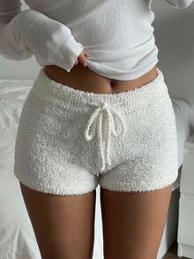 CovetEZ Women's Solid Color Casual Cute Versatile Daily Wear Knit Shorts Lounge Light Pink White Autumn - White - View 3