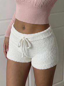 CovetEZ Women's Solid Color Casual Cute Versatile Daily Wear Knit Shorts Lounge Light Pink White Autumn - White - View 1
