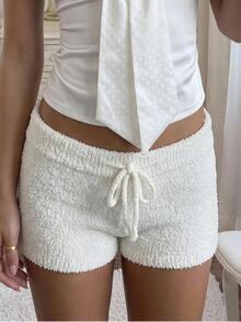 CovetEZ Women's Solid Color Casual Cute Versatile Daily Wear Knit Shorts Lounge Light Pink White Autumn - White - View 5