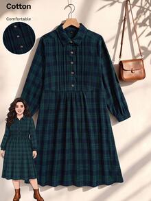 Rusticease Plus Size Colorblock Button Button Front Lapel Collar Long Sleeve Dress Fall Winter 2026 - Multicolor - View 11