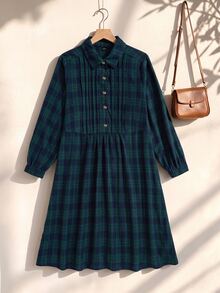 Rusticease Plus Size Colorblock Button Button Front Lapel Collar Long Sleeve Dress Fall Winter 2026 - Multicolor - View 14