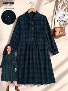 Rusticease Plus Size Colorblock Button Button Front Lapel Collar Long Sleeve Dress Fall Winter 2026 - Multicolor - View 3