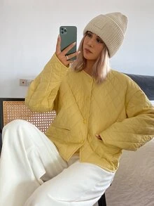 Livesso Jaket Wanita Longgar Warna Kuning dengan Tudung, Tali Serut, Lengan Panjang, Tebal, dan Dekorasi Saku, Musim Dingin - Kuning - View 5
