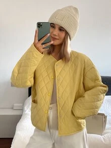 Livesso Jaket Wanita Longgar Warna Kuning dengan Tudung, Tali Serut, Lengan Panjang, Tebal, dan Dekorasi Saku, Musim Dingin - Kuning - View 3