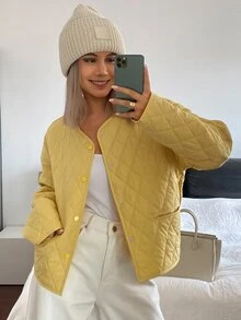 Livesso Jaket Wanita Longgar Warna Kuning dengan Tudung, Tali Serut, Lengan Panjang, Tebal, dan Dekorasi Saku, Musim Dingin - Kuning - View 4