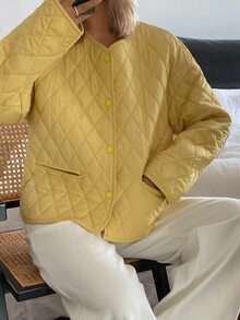 Livesso Jaket Wanita Longgar Warna Kuning dengan Tudung, Tali Serut, Lengan Panjang, Tebal, dan Dekorasi Saku, Musim Dingin - Kuning - View 1