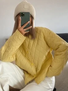Livesso Jaket Wanita Longgar Warna Kuning dengan Tudung, Tali Serut, Lengan Panjang, Tebal, dan Dekorasi Saku, Musim Dingin - Kuning - View 6