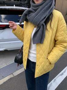 Livesso Jaket Wanita Longgar Warna Kuning dengan Tudung, Tali Serut, Lengan Panjang, Tebal, dan Dekorasi Saku, Musim Dingin - Kuning - View 8