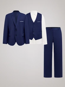 Officeau Men's Suits Plus Size 3 Pieces Solid Suit Set For Men Elegance Slim Fit Wedding Jacket Vest Pants Party Prom Formal For Business Tuxedo Set - Navy Blue - View 3