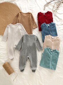 Newborn Baby 1pc Zip Placket Solid Ribbed Knit Footed Pajama Jumpsuit - Multicolor - View 2