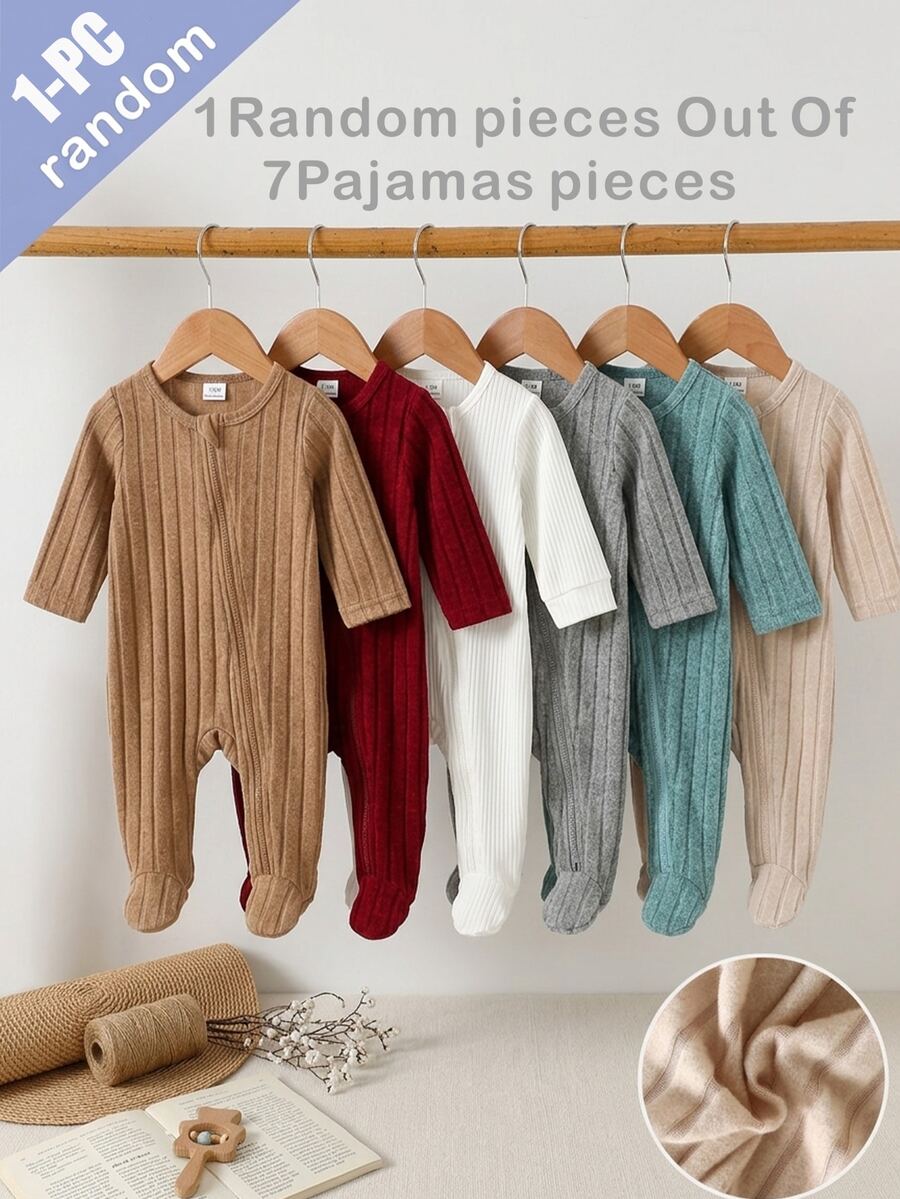Newborn Baby 1pc Zip Placket Solid Ribbed Knit Footed Pajama Jumpsuit - Multicolor - View 1