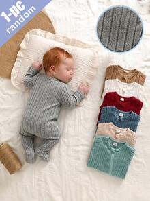 Newborn Baby 1pc Zip Placket Solid Ribbed Knit Footed Pajama Jumpsuit - Multicolor - View 4