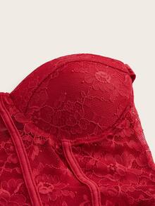 SHEIN ICON 女用蕾絲拼接掛脖繫帶腰部連身裙 - 紅色 - 查看 5