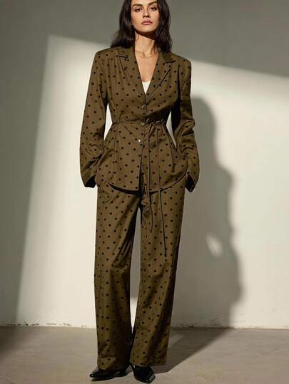 Aveloria Modichic Vintage Flocked Polka Dot Fabric Binding Padded Shoulder Asymmetric Handmade Button Deep V-Neck Waist Belt Cinched Blazer Top With Double Pockets Elastic Waist Loose Wide Leg Pants 2 Pieces Set