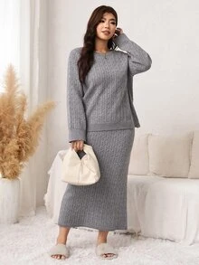Easowa Curve Plus Size Women's Cable Knit Long Sleeve Sweater And Knitted Skirt Casual Set - Grey - View 5
