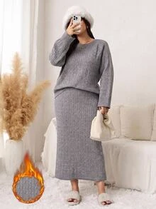 Easowa Curve Plus Size Women's Cable Knit Long Sleeve Sweater And Knitted Skirt Casual Set - Grey - View 2