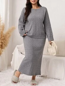 Easowa Curve Plus Size Women's Cable Knit Long Sleeve Sweater And Knitted Skirt Casual Set - Grey - View 6