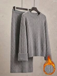 Easowa Curve Plus Size Women's Cable Knit Long Sleeve Sweater And Knitted Skirt Casual Set - Grey - View 1
