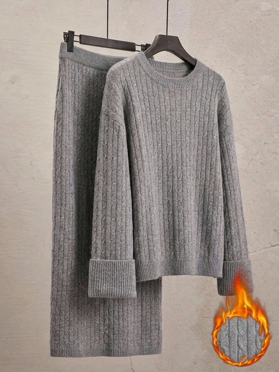 Easowa Curve Plus Size Women's Cable Knit Long Sleeve Sweater And Knitted Skirt Casual Set - Grey - View 1