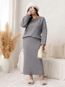 Easowa Curve Plus Size Women's Cable Knit Long Sleeve Sweater And Knitted Skirt Casual Set - Grey - View 7