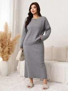 Easowa Curve Plus Size Women's Cable Knit Long Sleeve Sweater And Knitted Skirt Casual Set - Grey - View 3