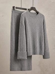 Easowa Curve Plus Size Women's Cable Knit Long Sleeve Sweater And Knitted Skirt Casual Set - Grey - View 9