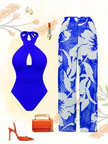 Swim Oasis New Arrival Solid Color Hollow Cross Halter One-Piece Swimsuit With Printed Cover-Up Skirt Beach Set For Women - Royal Blue - View 1