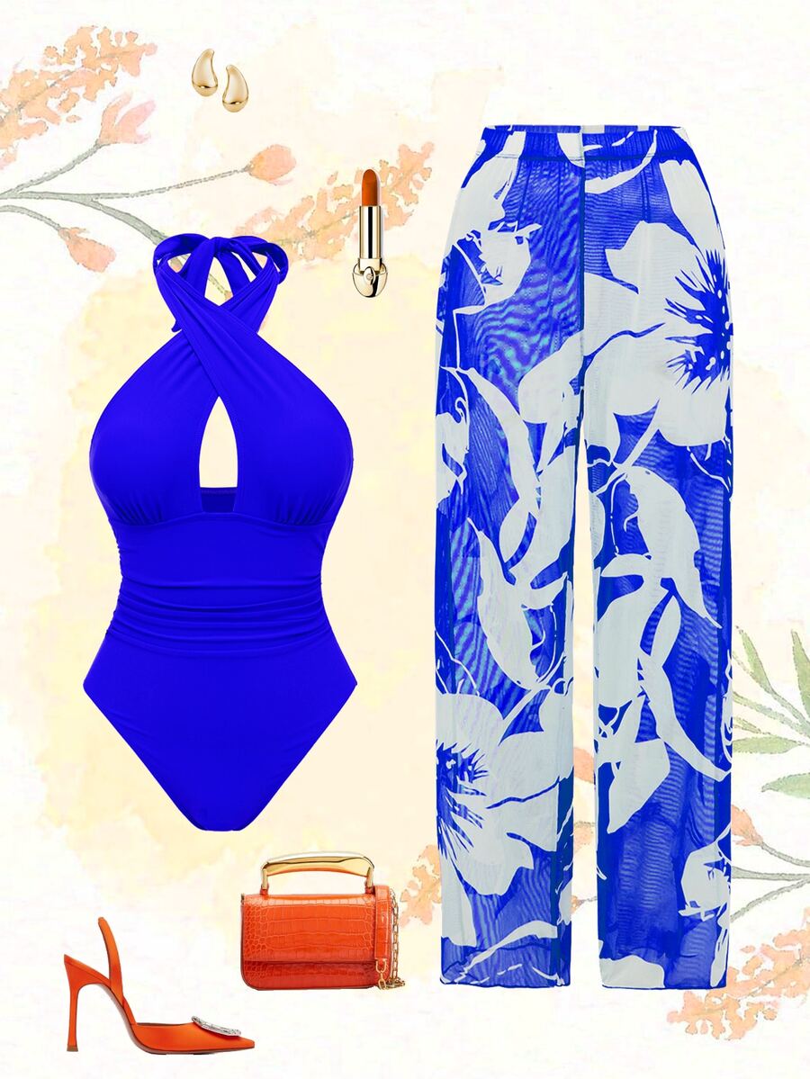 Swim Oasis New Arrival Solid Color Hollow Cross Halter One-Piece Swimsuit With Printed Cover-Up Skirt Beach Set For Women - Royal Blue - View 1