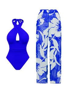 Swim Oasis New Arrival Solid Color Hollow Cross Halter One-Piece Swimsuit With Printed Cover-Up Skirt Beach Set For Women - Royal Blue - View 5
