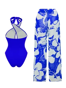 Swim Oasis New Arrival Solid Color Hollow Cross Halter One-Piece Swimsuit With Printed Cover-Up Skirt Beach Set For Women - Royal Blue - View 2