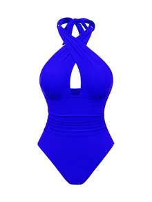 Swim Oasis New Arrival Solid Color Hollow Cross Halter One-Piece Swimsuit With Printed Cover-Up Skirt Beach Set For Women - Royal Blue - View 3