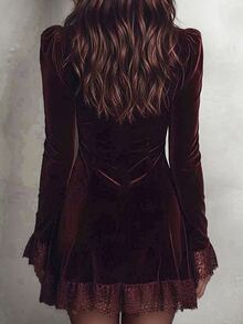 SHEIN Velvet Patchwork Lace Short Dress - Burgundy - View 2