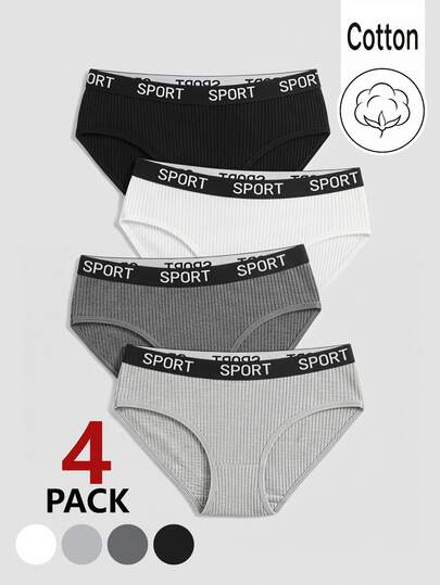 SHEIN Girlism Kids 4pcs/Set Girls' Comfortable Elastic Waist Panties With Letter Floral Print, Versatile Daily Wear Athletic Gym White Summer Gym Back-To-School