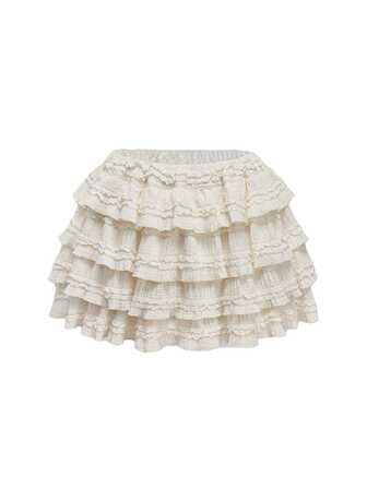 Kawaii Jupe mini à taille texturée en tissu crème, gâteau doux à plusieurs étages, convient à de multiples occasions, été pour femmes