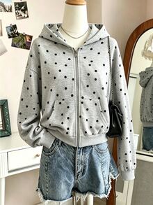 SHEIN 青少年女孩黑色拉鍊落肩長袖寬鬆休閒可愛連帽衛衣外套 抓絨內裡 基本款 秋冬 郵輪海灘 - 灰色 - 查看 5