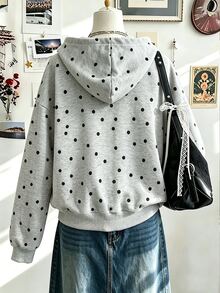 SHEIN 青少年女孩黑色拉鍊落肩長袖寬鬆休閒可愛連帽衛衣外套 抓絨內裡 基本款 秋冬 郵輪海灘 - 灰色 - 查看 2