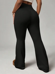 Easithlete Easithlete Women's Plus Size Solid Color High Waist Pockets Sports Flare Leggings - Black - View 2