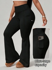 Easithlete Easithlete Women's Plus Size Solid Color High Waist Pockets Sports Flare Leggings - Black - View 3