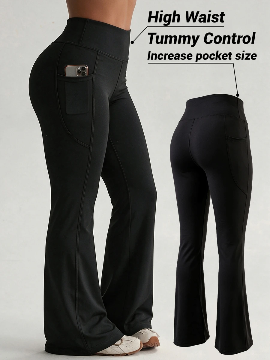 Easithlete Easithlete Women's Plus Size Solid Color High Waist Pockets Sports Flare Leggings - Black - View 1