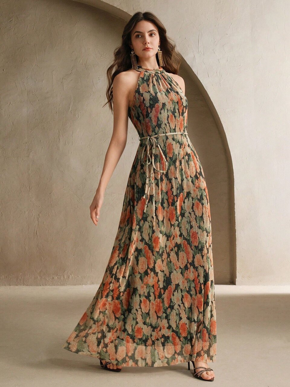 Anewsta Women's Elegant Floral Print Sleeveless Waist Cinched Dress, Suitable For Valentine's Day Party, Wedding Guest, Birthday, Vacation, Beach