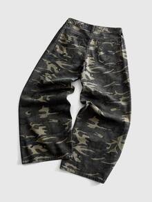 ROMWE MEN Paul Frank X ROMWE Men's Y2K Camo Wide Leg Jeans, Vintage Washed Loose Straight Leg Streetwear Hip Hop Casual - Army Green - View 2