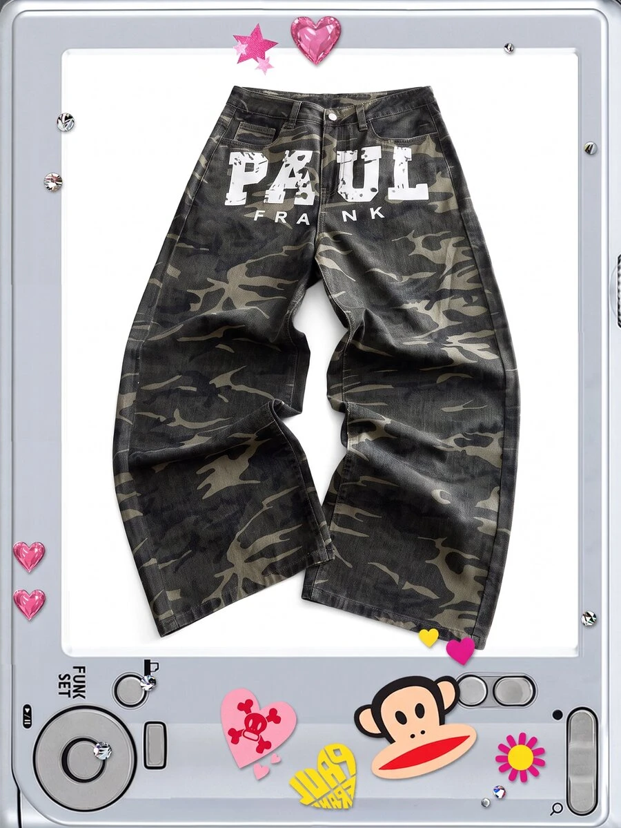ROMWE MEN Paul Frank X ROMWE Men's Y2K Camo Wide Leg Jeans, Vintage Washed Loose Straight Leg Streetwear Hip Hop Casual - Army Green - View 1
