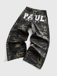 ROMWE MEN Paul Frank X ROMWE Men's Y2K Camo Wide Leg Jeans, Vintage Washed Loose Straight Leg Streetwear Hip Hop Casual - Army Green - View 3