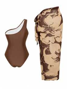 Swim Oasis 女款咖啡棕色連身泳衣，附花卉印花罩衫裙，夏季海灘度假單肩透視網紗泳裝，波希米亞風度假風 - 棕色 - 查看 3