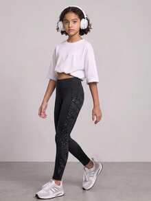 SHEIN Tween Girl Contrast Panel Phone Pocket Top-Stitching Active Leggings, Autumn Winter, Fall, Back To School, Yoga, Running, Cycling, Gym, Workout - Black - View 4