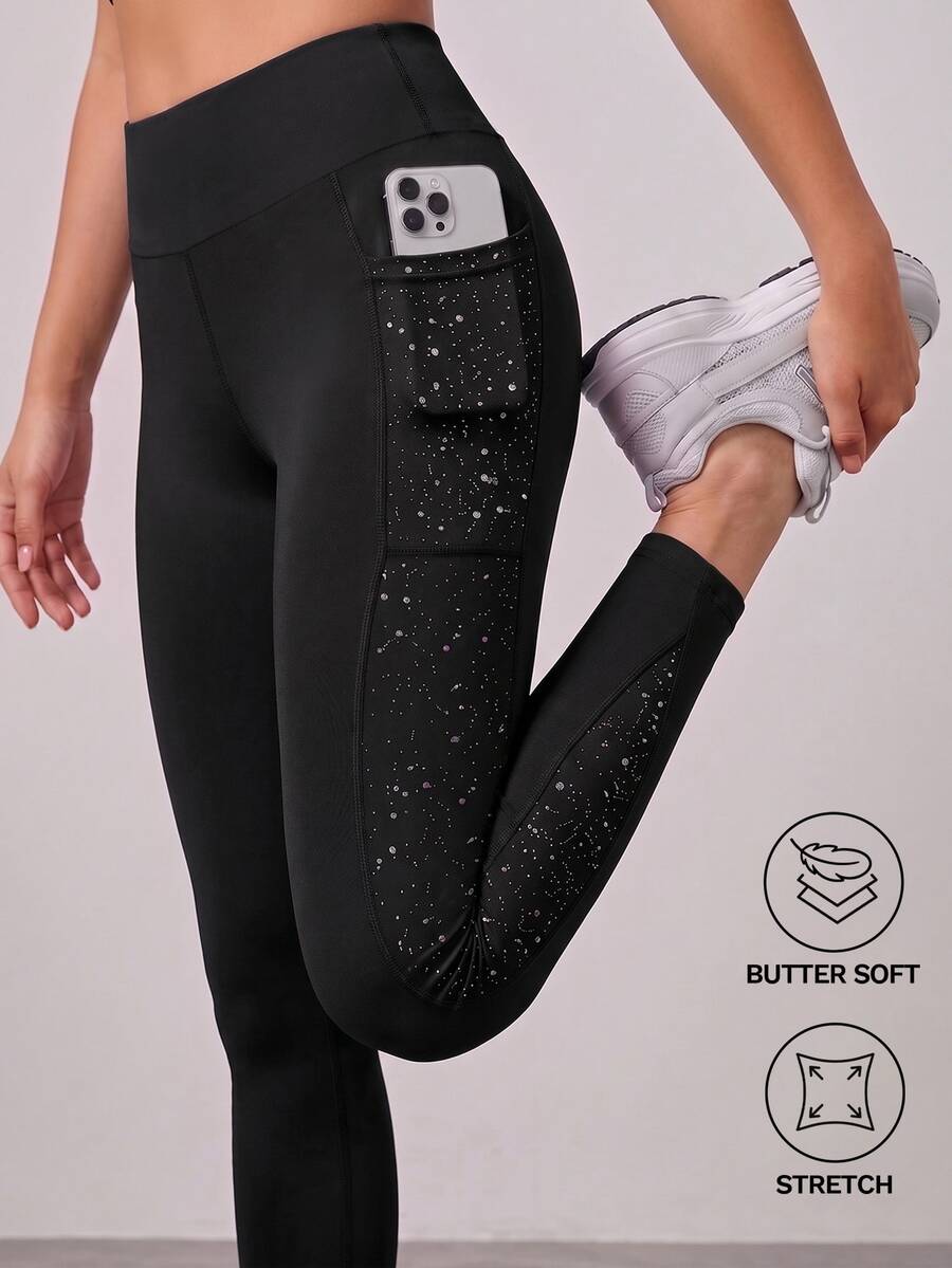 SHEIN Tween Girl Contrast Panel Phone Pocket Top-Stitching Active Leggings, Autumn Winter, Fall, Back To School, Yoga, Running, Cycling, Gym, Workout - Black - View 1