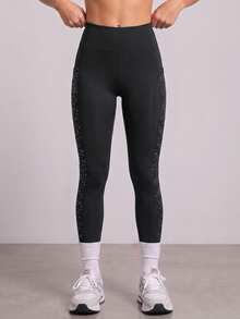 SHEIN Tween Girl Contrast Panel Phone Pocket Top-Stitching Active Leggings, Autumn Winter, Fall, Back To School, Yoga, Running, Cycling, Gym, Workout - Black - View 6