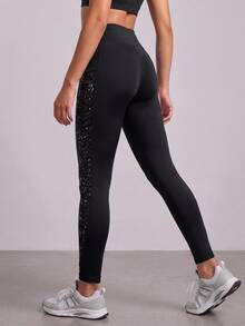 SHEIN Tween Girl Contrast Panel Phone Pocket Top-Stitching Active Leggings, Autumn Winter, Fall, Back To School, Yoga, Running, Cycling, Gym, Workout - Black - View 5